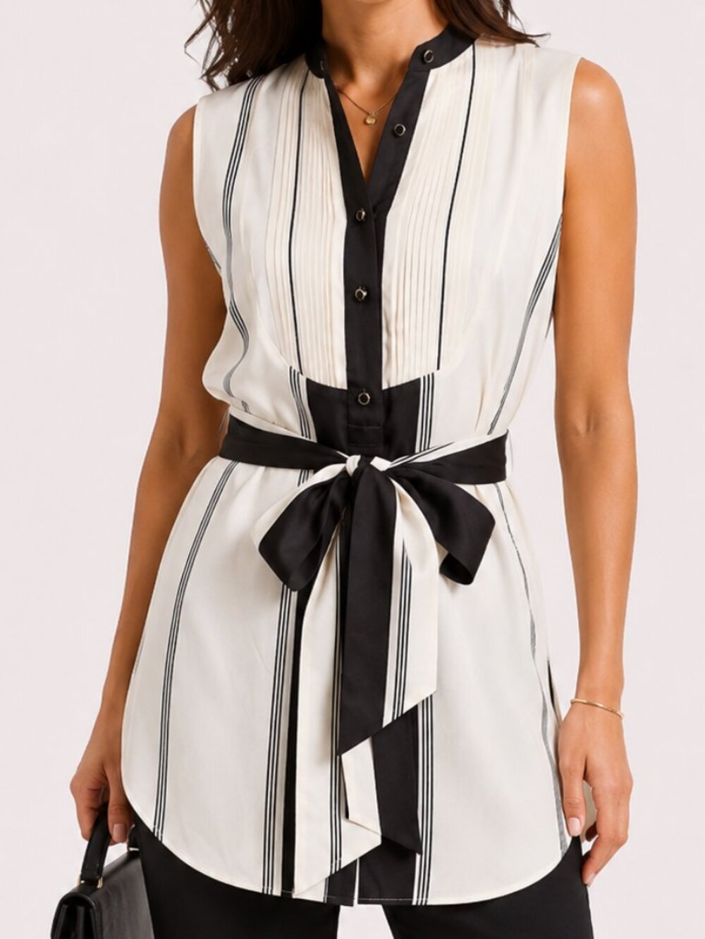 J CREW Collection Tuxedo Stripe Black Ivory Silk Tunic Blouse 8 NWT